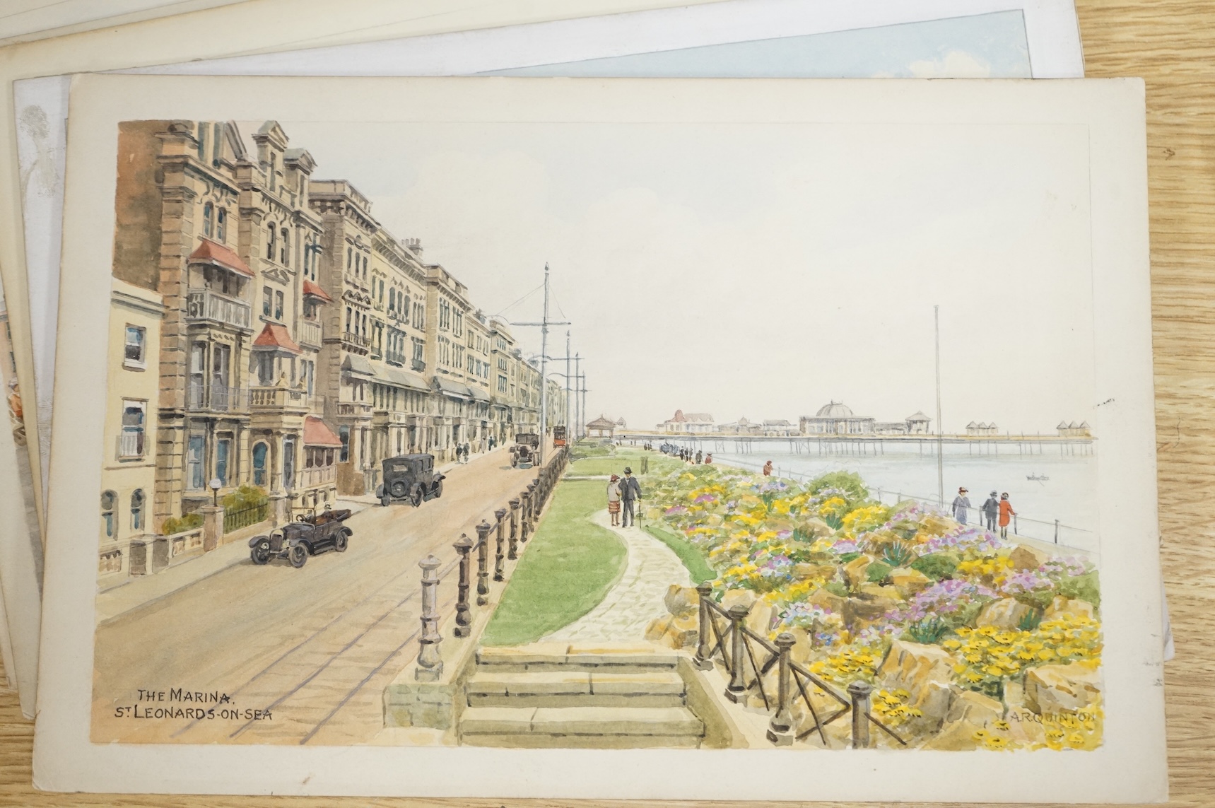 Alfred Robert Quinton (1853-1934), a set of six original watercolours for post card designs, Sussex coast views to include West a parade Bognor, Beachy Head, Eastbourne and Marine Gardens, West Worthing, each signed and